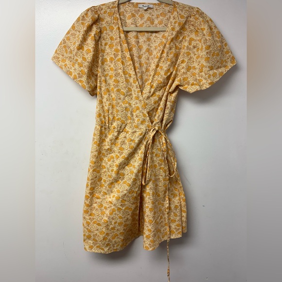 Madewell Fiore Floral Cotton Wrap Dress Short Sleeve Yellow Large Mini Boho - Picture 3 of 7